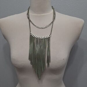 Multi Strand Layered Silver Toned Hanging Chain Bib Statement Necklace
